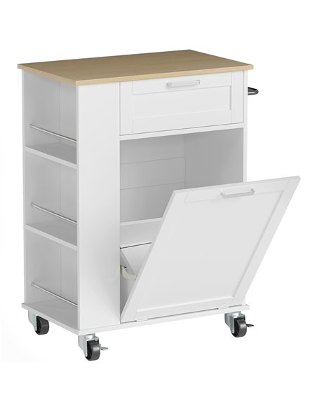 HOMCOM Kitchen Storage Trolley on Wheels, Rolling Kitchen Island with 2 Drawers, Tilt-Out Rubbish Cabinet and Storage, White - pic 208332 | FastDaddyshop