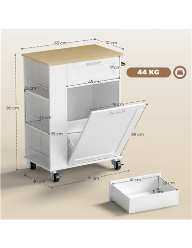 HOMCOM Kitchen Storage Trolley on Wheels, Rolling Kitchen Island with 2 Drawers, Tilt-Out Rubbish Cabinet and Storage, White