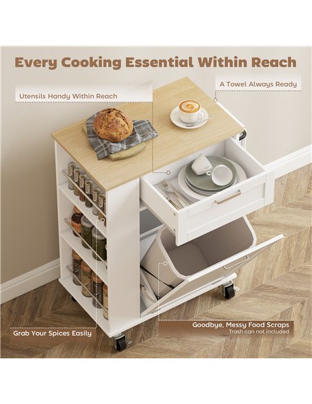 HOMCOM Kitchen Storage Trolley on Wheels, Rolling Kitchen Island with 2 Drawers, Tilt-Out Rubbish Cabinet and Storage, White - pic 208335 | FastDaddyshop