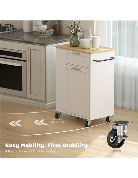 HOMCOM Kitchen Storage Trolley on Wheels, Rolling Kitchen Island with 2 Drawers, Tilt-Out Rubbish Cabinet and Storage, White - pic 208336 | FastDaddyshop