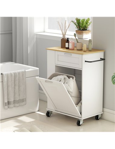 HOMCOM Kitchen Storage Trolley on Wheels, Rolling Kitchen Island with 2 Drawers, Tilt-Out Rubbish Cabinet and Storage, White