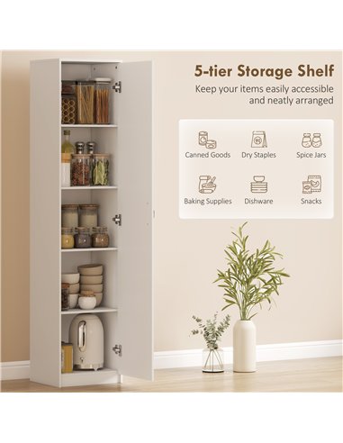 HOMCOM 180cm Tall Kitchen Cupboard, Freestanding 5-Tier Pantry Storage Cabinet with Adjustable Shelf, White