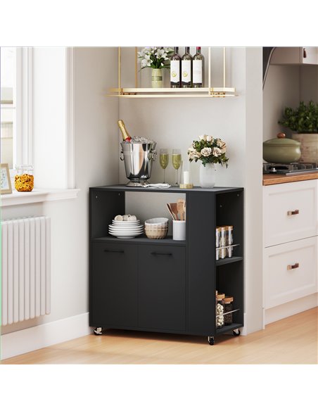 HOMCOM Kitchen Trolley on Wheels, Rolling Kitchen Island Cart with 2-Door Cabinet, Spice Rack and Adjustable Shelf, Black - pic 208351 | FastDaddyshop