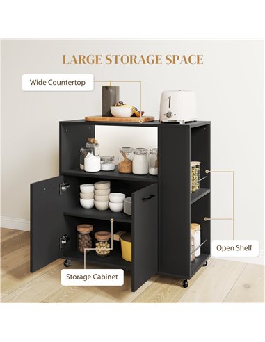 HOMCOM Kitchen Trolley on Wheels, Rolling Kitchen Island Cart with 2-Door Cabinet, Spice Rack and Adjustable Shelf, Black