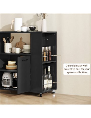 HOMCOM Kitchen Trolley on Wheels, Rolling Kitchen Island Cart with 2-Door Cabinet, Spice Rack and Adjustable Shelf, Black