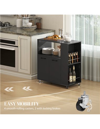 HOMCOM Kitchen Trolley on Wheels, Rolling Kitchen Island Cart with 2-Door Cabinet, Spice Rack and Adjustable Shelf, Black