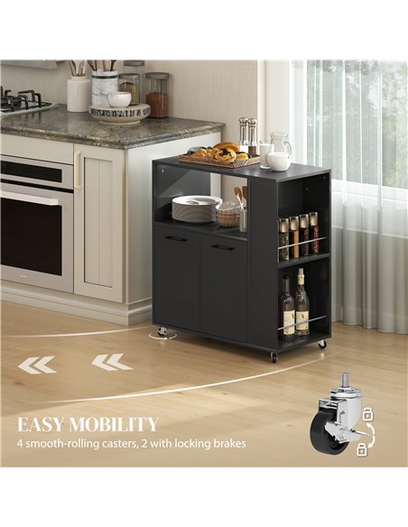 HOMCOM Kitchen Trolley on Wheels, Rolling Kitchen Island Cart with 2-Door Cabinet, Spice Rack and Adjustable Shelf, Black - pic 208356 | FastDaddyshop