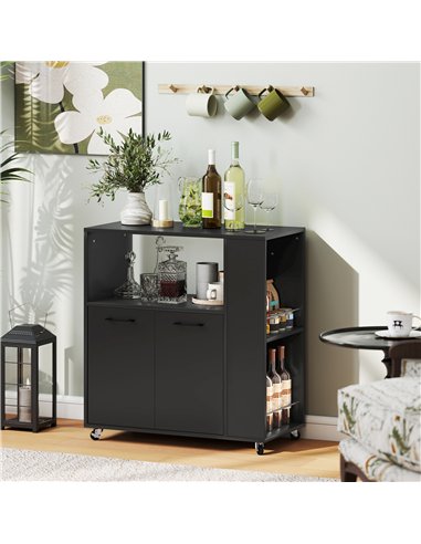 HOMCOM Kitchen Trolley on Wheels, Rolling Kitchen Island Cart with 2-Door Cabinet, Spice Rack and Adjustable Shelf, Black