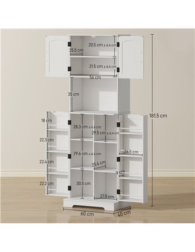 HOMCOM 181.5 cm Freestanding Storage Cabinet, Tall Kitchen Cupboard with Adjustable Shelves, 8 Door Spice Racks, White