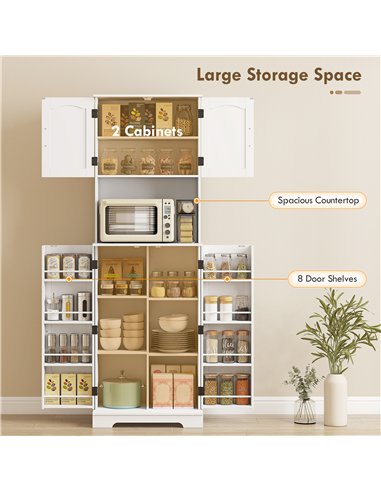 HOMCOM 181.5 cm Freestanding Storage Cabinet, Tall Kitchen Cupboard with Adjustable Shelves, 8 Door Spice Racks, White