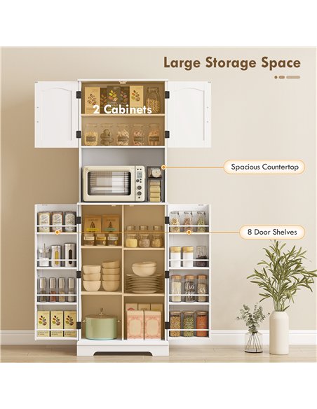 HOMCOM 181.5 cm Freestanding Storage Cabinet, Tall Kitchen Cupboard with Adjustable Shelves, 8 Door Spice Racks, White - pic 208362 | FastDaddyshop