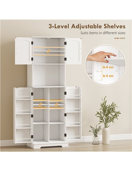 HOMCOM 181.5 cm Freestanding Storage Cabinet, Tall Kitchen Cupboard with Adjustable Shelves, 8 Door Spice Racks, White - pic 208363 | FastDaddyshop