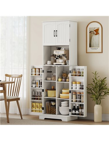 HOMCOM 181.5 cm Freestanding Storage Cabinet, Tall Kitchen Cupboard with Adjustable Shelves, 8 Door Spice Racks, White