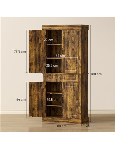HOMCOM Tall Kitchen Cupboard, Kitchen Pantry Cabinet with Adjustable Shelves & Soft-close doors, Brown