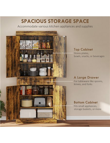HOMCOM Tall Kitchen Cupboard, Kitchen Pantry Cabinet with Adjustable Shelves & Soft-close doors, Brown - pic 208371 | FastDaddyshop