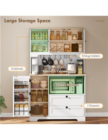 HOMCOM Kitchen Cupboard, Freestanding Kitchen Cabinet with 2 Cabinets, 2 Drawers, Open and Adjustable Shelves, White