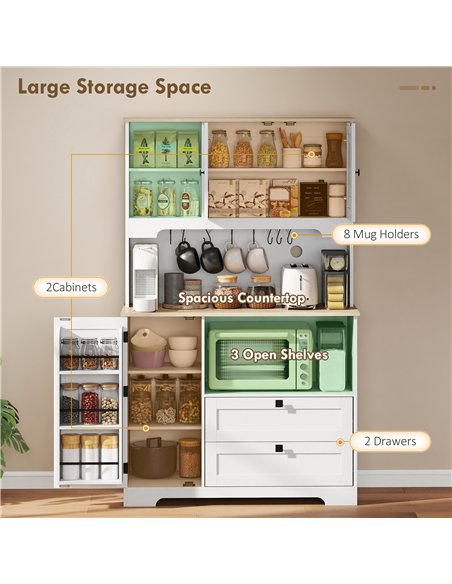 HOMCOM Kitchen Cupboard, Freestanding Kitchen Cabinet with 2 Cabinets, 2 Drawers, Open and Adjustable Shelves, White - pic 208380 | FastDaddyshop