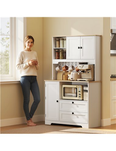 HOMCOM Kitchen Cupboard, Freestanding Kitchen Cabinet with 2 Cabinets, 2 Drawers, Open and Adjustable Shelves, White