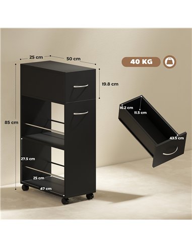 HOMCOM Rolling Storage Unit, 3-Tier Kitchen Cart Trolley with Drawer, Surface Top and 4 Universal Wheels, Black
