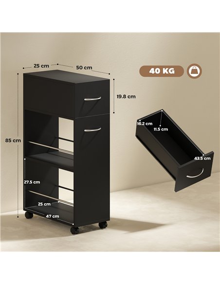 HOMCOM Rolling Storage Unit, 3-Tier Kitchen Cart Trolley with Drawer, Surface Top and 4 Universal Wheels, Black - pic 208388 | FastDaddyshop