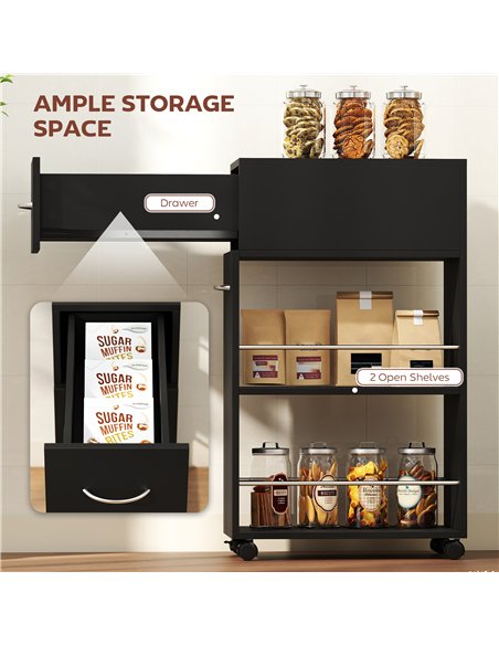 HOMCOM Rolling Storage Unit, 3-Tier Kitchen Cart Trolley with Drawer, Surface Top and 4 Universal Wheels, Black - pic 208389 | FastDaddyshop
