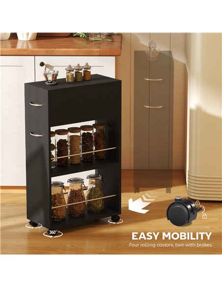 HOMCOM Rolling Storage Unit, 3-Tier Kitchen Cart Trolley with Drawer, Surface Top and 4 Universal Wheels, Black - pic 208391 | FastDaddyshop