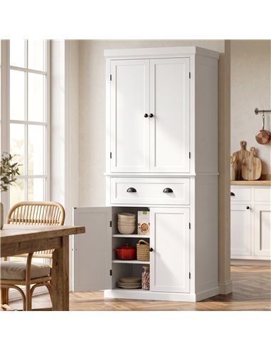 HOMCOM Tall Kitchen Cupboard, 183 cm Freestanding Storage Cabinet with Drawer, 4 Doors and Adjustable Shelves, White