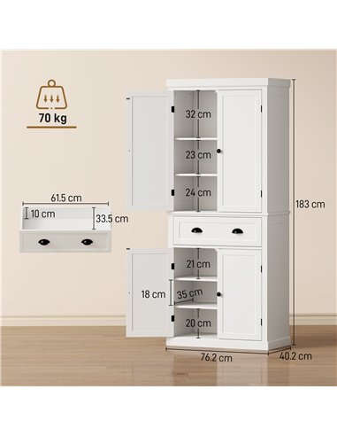 HOMCOM Tall Kitchen Cupboard, 183 cm Freestanding Storage Cabinet with Drawer, 4 Doors and Adjustable Shelves, White