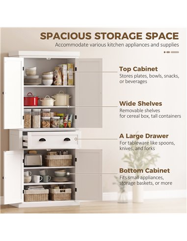 HOMCOM Tall Kitchen Cupboard, 183 cm Freestanding Storage Cabinet with Drawer, 4 Doors and Adjustable Shelves, White