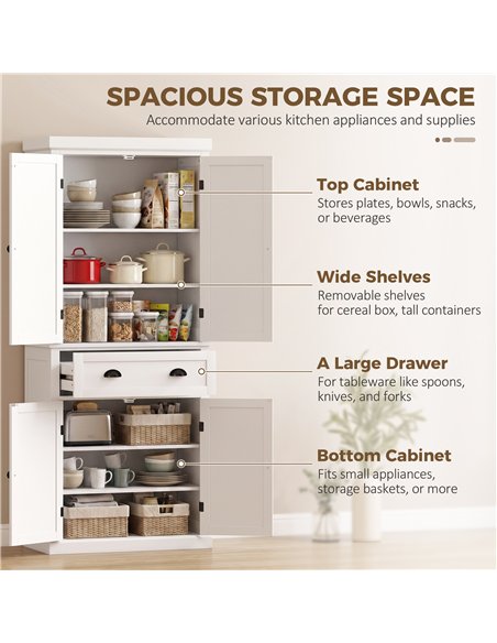 HOMCOM Tall Kitchen Cupboard, 183 cm Freestanding Storage Cabinet with Drawer, 4 Doors and Adjustable Shelves, White - pic 208398 | FastDaddyshop