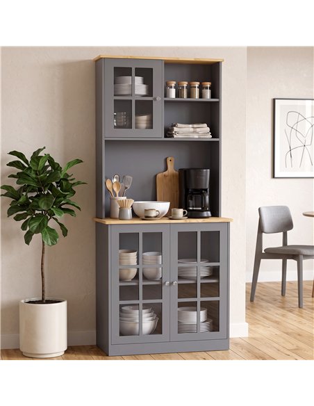 HOMCOM Kitchen Pantry, Buffet Hutch with 3 Storage Cabinets, 2 Open Shelves and Large Countertop for Kitchen, Grey - pic 208405 | FastDaddyshop