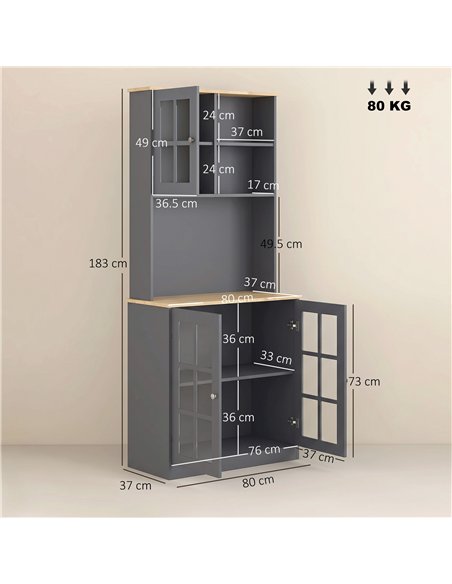 HOMCOM Kitchen Pantry, Buffet Hutch with 3 Storage Cabinets, 2 Open Shelves and Large Countertop for Kitchen, Grey - pic 208406 | FastDaddyshop