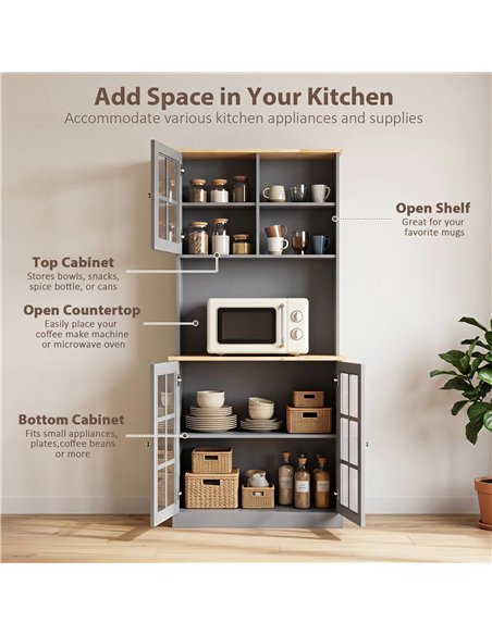 HOMCOM Kitchen Pantry, Buffet Hutch with 3 Storage Cabinets, 2 Open Shelves and Large Countertop for Kitchen, Grey - pic 208407 | FastDaddyshop