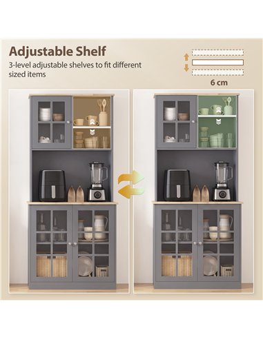 HOMCOM Kitchen Pantry, Buffet Hutch with 3 Storage Cabinets, 2 Open Shelves and Large Countertop for Kitchen, Grey