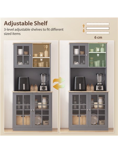 HOMCOM Kitchen Pantry, Buffet Hutch with 3 Storage Cabinets, 2 Open Shelves and Large Countertop for Kitchen, Grey - pic 208409 | FastDaddyshop