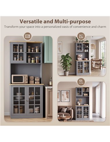 HOMCOM Kitchen Pantry, Buffet Hutch with 3 Storage Cabinets, 2 Open Shelves and Large Countertop for Kitchen, Grey