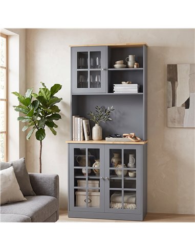 HOMCOM Kitchen Pantry, Buffet Hutch with 3 Storage Cabinets, 2 Open Shelves and Large Countertop for Kitchen, Grey