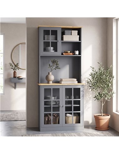 HOMCOM Kitchen Pantry, Buffet Hutch with 3 Storage Cabinets, 2 Open Shelves and Large Countertop for Kitchen, Grey