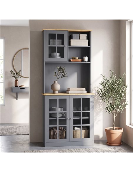 HOMCOM Kitchen Pantry, Buffet Hutch with 3 Storage Cabinets, 2 Open Shelves and Large Countertop for Kitchen, Grey - pic 208412 | FastDaddyshop