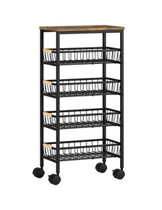 HOMCOM Metal Kitchen Trolley, 4-Tier Storage Trolley with Pull-Out Baskets and 4 Swivel Casters for Kitchen, Rustic Brown