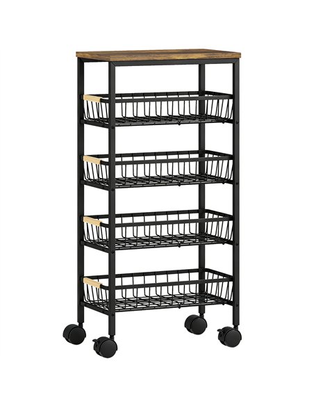 HOMCOM Metal Kitchen Trolley, 4-Tier Storage Trolley with Pull-Out Baskets and 4 Swivel Casters for Kitchen, Rustic Brown - pic 208413 | FastDaddyshop