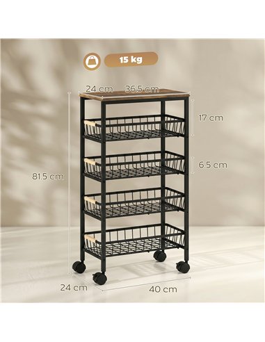 HOMCOM Metal Kitchen Trolley, 4-Tier Storage Trolley with Pull-Out Baskets and 4 Swivel Casters for Kitchen, Rustic Brown