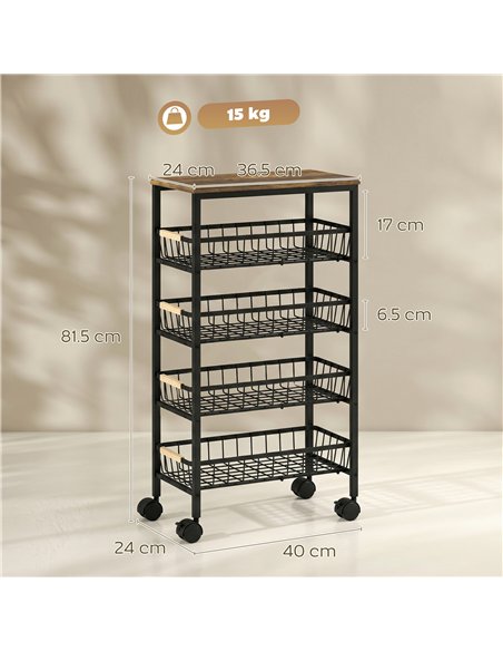 HOMCOM Metal Kitchen Trolley, 4-Tier Storage Trolley with Pull-Out Baskets and 4 Swivel Casters for Kitchen, Rustic Brown - pic 208415 | FastDaddyshop