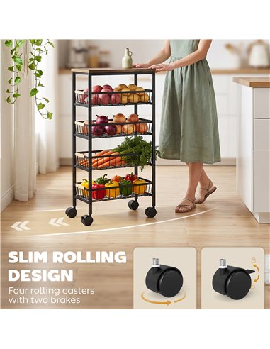 HOMCOM Metal Kitchen Trolley, 4-Tier Storage Trolley with Pull-Out Baskets and 4 Swivel Casters for Kitchen, Rustic Brown