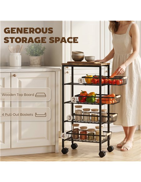 HOMCOM Metal Kitchen Trolley, 4-Tier Storage Trolley with Pull-Out Baskets and 4 Swivel Casters for Kitchen, Rustic Brown - pic 208417 | FastDaddyshop