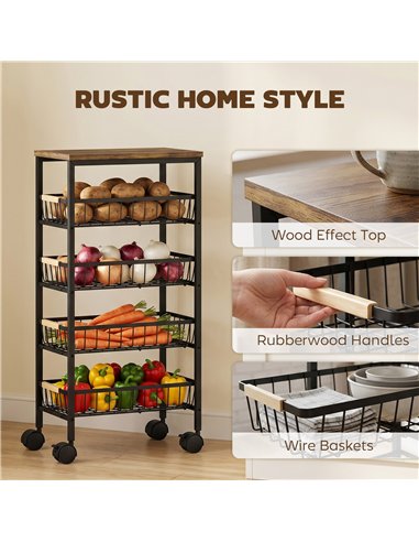 HOMCOM Metal Kitchen Trolley, 4-Tier Storage Trolley with Pull-Out Baskets and 4 Swivel Casters for Kitchen, Rustic Brown