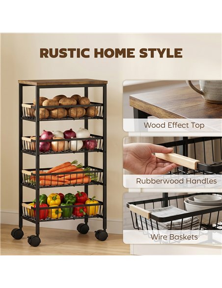 HOMCOM Metal Kitchen Trolley, 4-Tier Storage Trolley with Pull-Out Baskets and 4 Swivel Casters for Kitchen, Rustic Brown - pic 208418 | FastDaddyshop