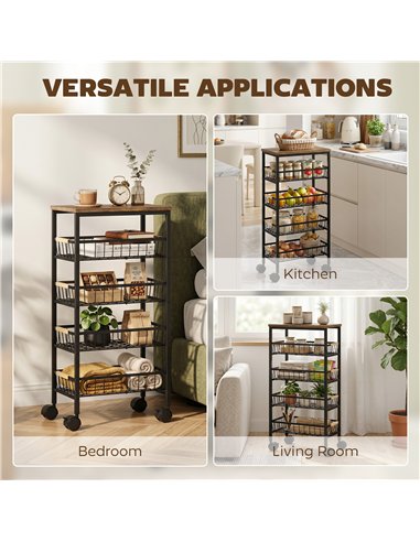 HOMCOM Metal Kitchen Trolley, 4-Tier Storage Trolley with Pull-Out Baskets and 4 Swivel Casters for Kitchen, Rustic Brown