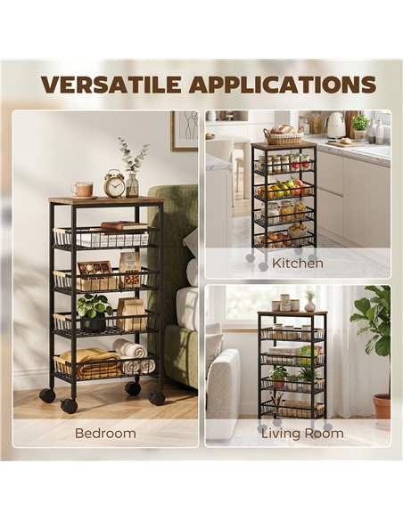 HOMCOM Metal Kitchen Trolley, 4-Tier Storage Trolley with Pull-Out Baskets and 4 Swivel Casters for Kitchen, Rustic Brown - pic 208419 | FastDaddyshop