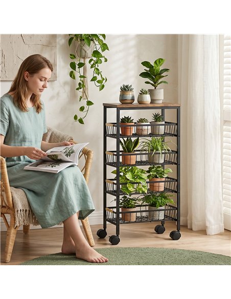 HOMCOM Metal Kitchen Trolley, 4-Tier Storage Trolley with Pull-Out Baskets and 4 Swivel Casters for Kitchen, Rustic Brown - pic 208420 | FastDaddyshop